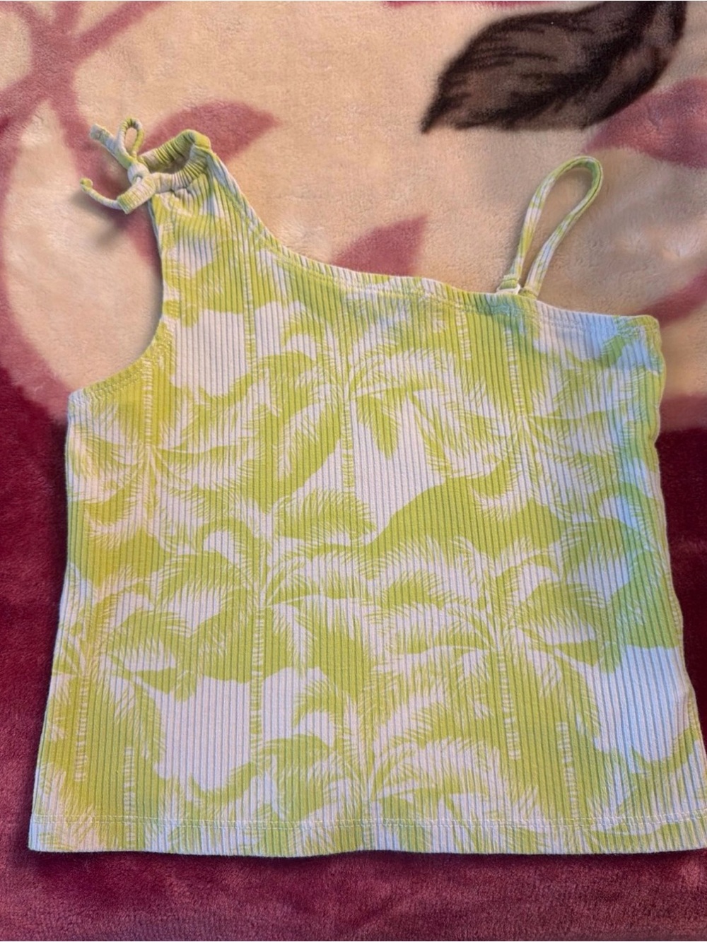 Old Navy Lime Green and White One-Shoulder Floral Ribbed Tank